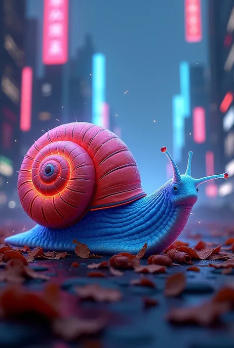 Neon blue snail with a red shell that sucks up dead leaves.  CyberRealistic , perfect photo fantasy