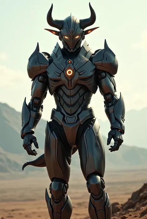 Hyper-realistic full-body cinematic rendering of a humanoid hybrid robot created from a mix of the Black Power Ranger and a ferocious buffalo. The character features sleek metallic armor in black and silver, with dark brown accents that glow softly. This h...