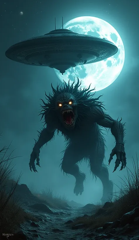 The monstrous creature, with its mouth wide open, runs toward the flying saucer under the moonlight.