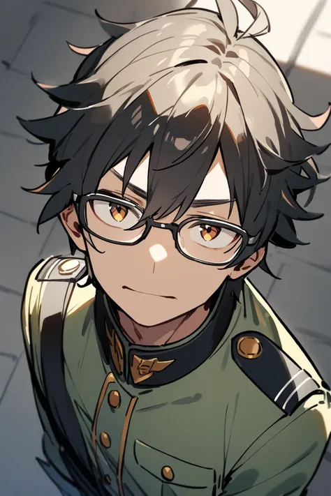  1 Boy 、 upper body、uniform、Glasses、 from above、 high res