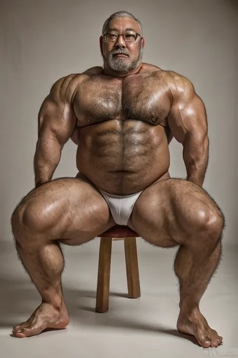 A chubby musclebear Japanese man, (65 years-old daddy muscle bears, 7 daddy:1.1), 1 man, Solo, wearing a white semi sexy fundoshi, (big shoulders), musculature, strong physique, hairy, huge beefy, chubby and stout, stubbles, (Detailed body), realistic eyes...