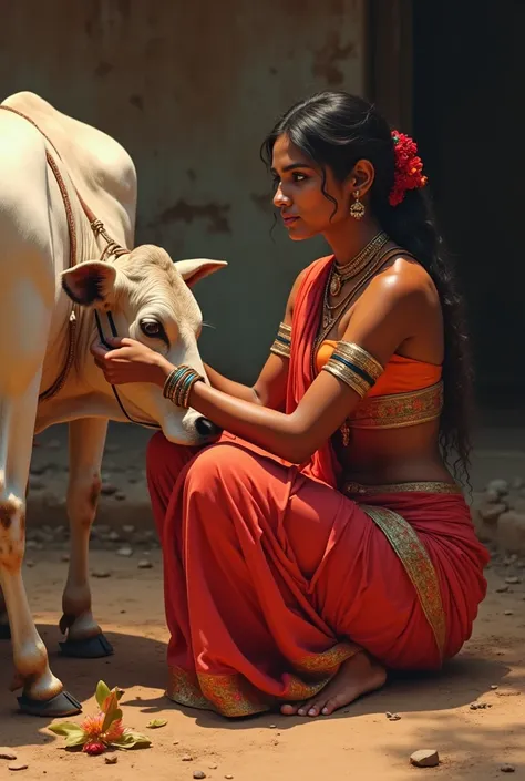 a indian women wearing petticoat sitting and milking cow and showing her shiny thighs wearing anklets and bangles