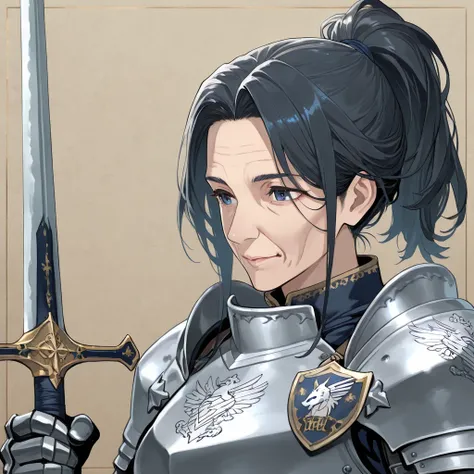 25 year old woman,  long black hair ,  ponytail hairstyle,  dark blue eyes ,  Knights armor ,  wolf emblem on the chest , embossed sword 