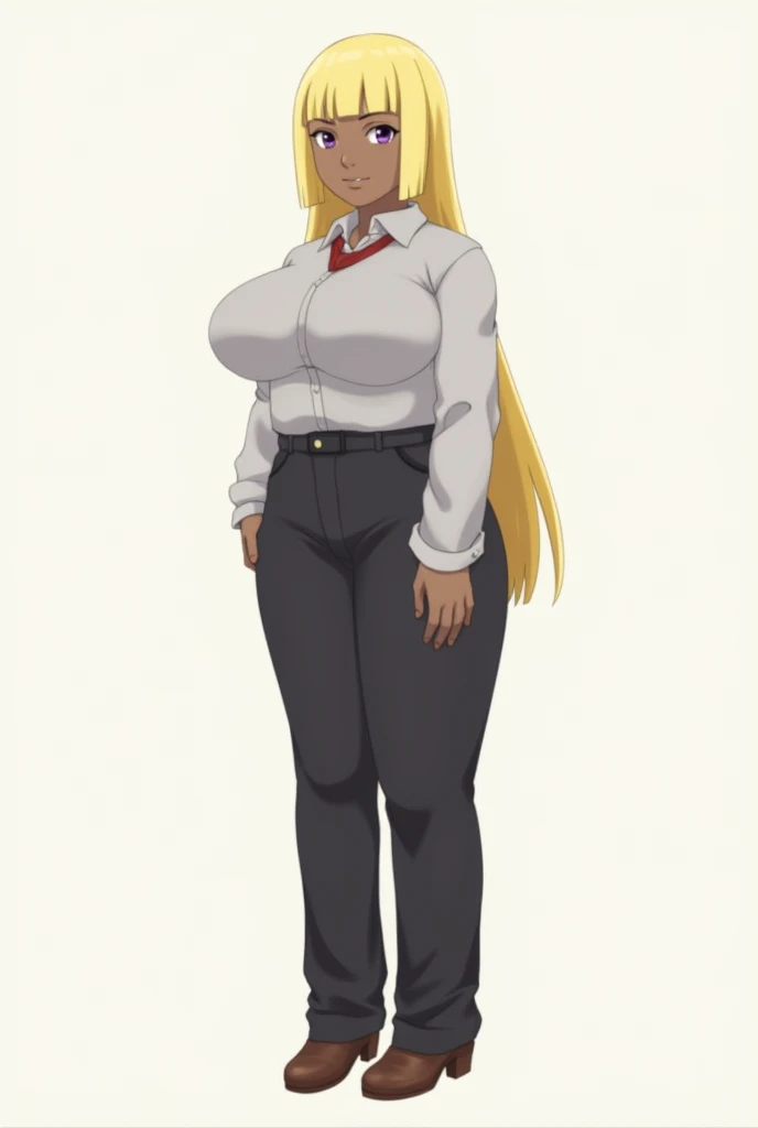 female, very long hair, bob cut, blunt bangs, ahoge, blonde hair, purple eye, dark skin, petite body, large breasts, dress shirt, grey shirt, sleeves rolled up, black pants, pants, brown shoes, shoes, full body, anime