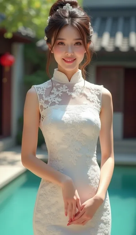 
 creating a beautiful Asian woman ，Head wrapped ， beautiful big eyes ，Regular facial features，Normal limb，Lovely big tits and big butt， very big hips ，Proud figure，White lace traditional cheongsam ， The upper body of the cheongsam covers the entire back a...