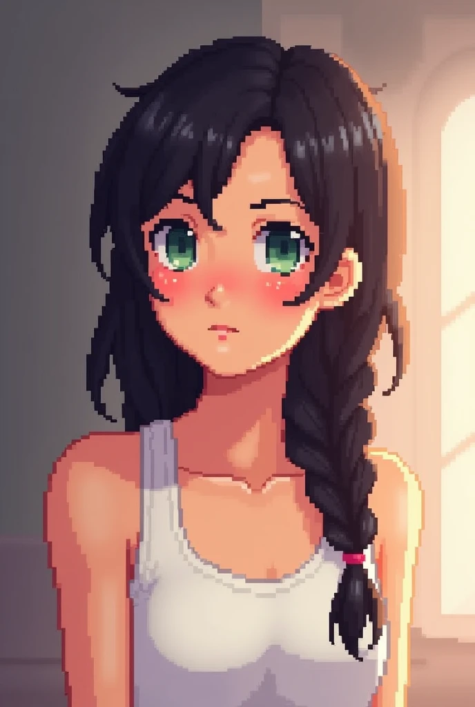 Pixel art of a mother character, with a flushed expression, blushing cheeks, and a light sweat visible on her face. The character has long dark hair tied in a side braid, wearing a white tank top. The composition should focus on her upper body and face, wi...