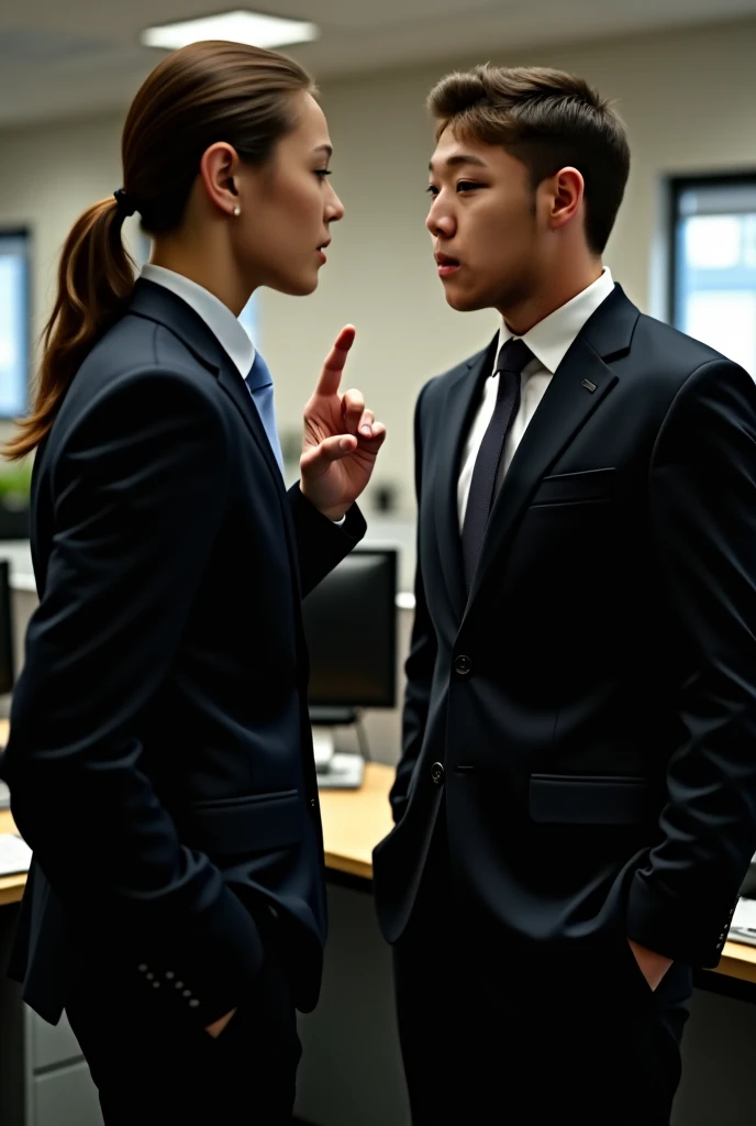 An employee who is dressed in a suit and is scolded by the manager at work