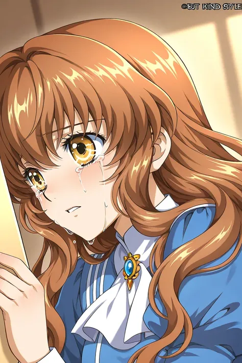 A girl that is an student. She has long wavy Brown hair with shiny golden eyes with blue dress uniform. She is brave, but crying. Kind. Clamp Tsubasa chronicles art style. 