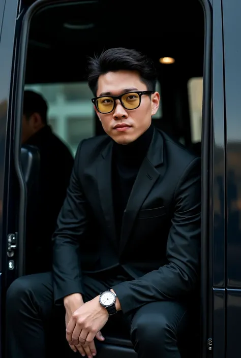 handsome asian man sitting in the car, he has side part hairstyle. He has sharp eyes. He wears glasses with black frames and light yellow lenses. He wore a black suit and a black turtleneck sweater underneath. On his wrist he wears a silver Rolex watch. Th...