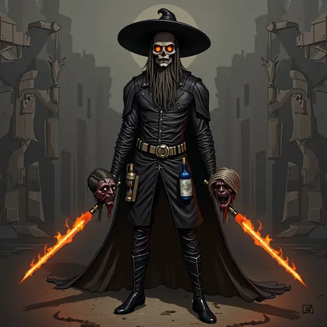 CHAKAN: The forever Man - A Tall, gaunt figure clad in black leather armor, and a dark, wide-brim hat. His face is ancient and aged, the skin blackened obsidian grey, and leathery, making him look almost dead, while his eyes glow orange like fire. On his h...