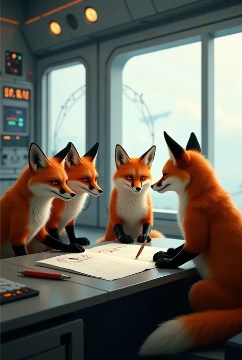 4 stately orange foxes concocting a plan in the control tower with a writing on the table