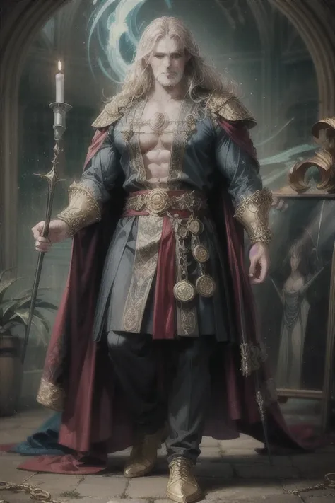 Merlin the wizard depicted in traditional English mythology, full body portrayed with a muscular physique and a perfect body frame, captured in a full body portrait reminiscent of ancient medieval artwork, showcasing his powerful and magical presence with ...