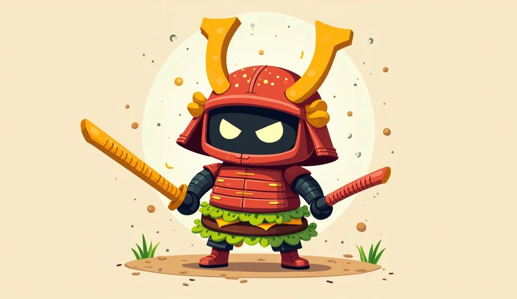 Create a unique and humorous illustration combining a samurai and a hamburger. The samurai is made of hamburger ingredients, with the bun as a helmet, lettuce and cheese forming the armor, and a sword made of a french fry. Use a vibrant and playful color p...