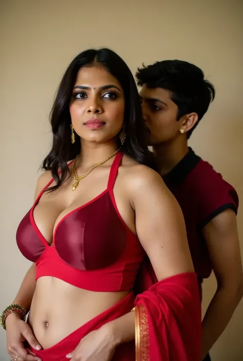 Hot voluptuous indian lady of 35 age and a 18 age slim body boy wearing ahorts standing in a room. Lady is wearing red saree and a blouse. The boy standing at the back of the lady and removing her blouse from behind. Her large breasts with red bra and sexy...