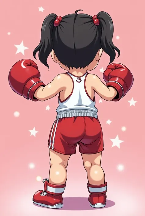 (Amazing. Very high quality. Very beautiful. Very detailed. Super high resolution. Like a scene from a movie.) Facing backwards. Back. Vibrant colors. Front view. Full body. Japanese anime style cel. Carefree, innocently smiling toddler boxer. Girl. Blushi...