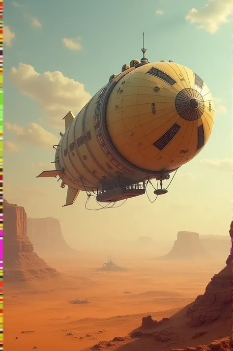 
 steampunk style airship flies over a vast desert landscape、 A mechanical structure can be seen in the background.