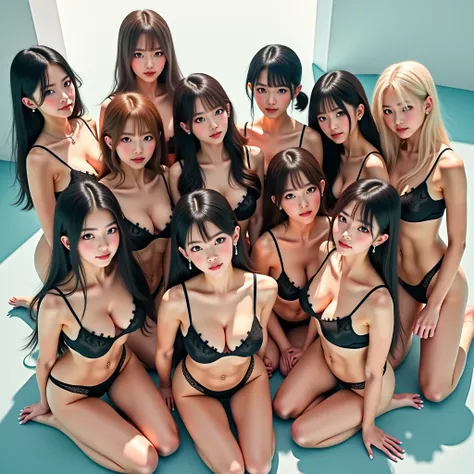 ExtremelyDetailed ProfessionalPhoto, Transform into Live-Action, 8K HDR Teens Group photo, many Idol group girls Surrounding the camera in Upward composition, Panoramic, Filled with many Faces, Looking down at the camera, Face closeup from below, LifeLike ...