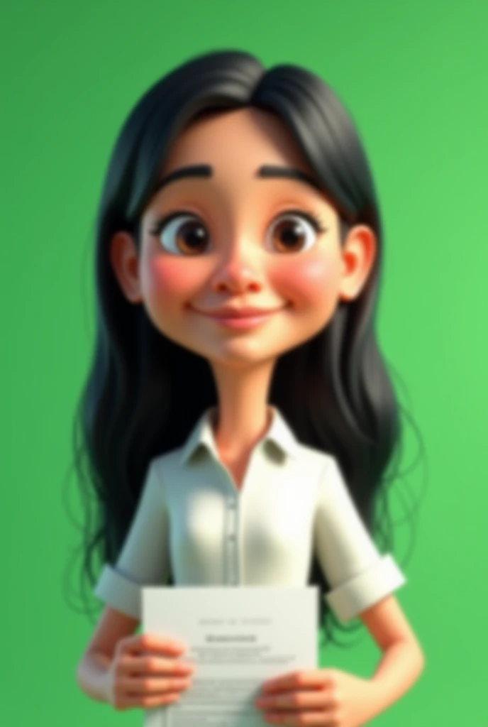 Create a 3D animation of a big-headed cartoon caricature. a *********** Indonesian woman. She has charming long straight black hair. His face is oval with smooth lines, thick and neat black eyebrows, normal eyes, a big nose, and thin lips with a wide, frie...