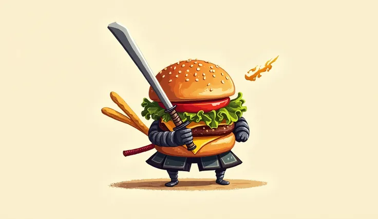 Create a unique and humorous illustration combining a samurai and a hamburger. The samurai is made of hamburger ingredients, with the bun as a helmet, lettuce and cheese forming the armor, and a sword made of a french fry. Use a vibrant and playful color p...