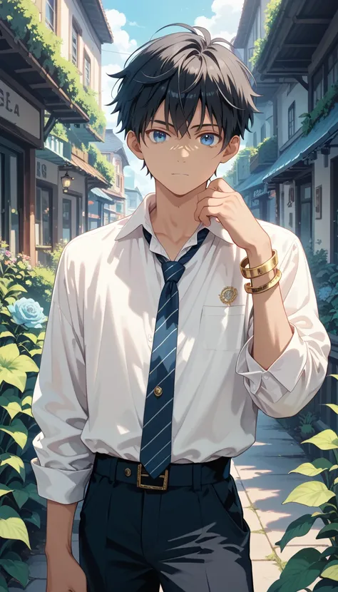 score_9, score_8_ up, score_7_ up,((8k)),Small boy,black hair,dark blue eyes,Nagi-kun, melancholic expression ,gold bangle inlaid with blue moonstone,Minimal, dress shirt,((Alone))