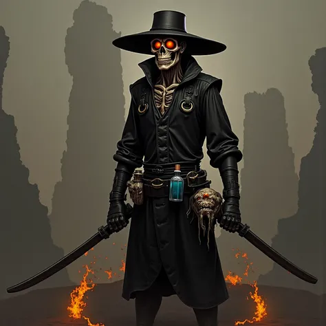 CHAKAN: The forever Man - A Tall, gaunt figure clad in black leather armor, and a dark, wide-brim hat. His face is ancient and aged, the skin blackened obsidian grey, and leathery, making him look almost dead, while his eyes glow orange like fire. On his h...