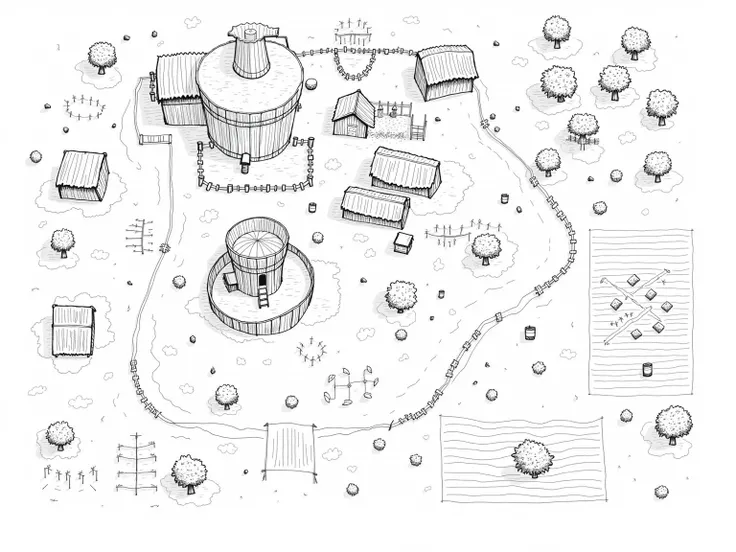 A hand-drawn, black-and-white top-down map of a sprawling rural village, combining natural and human-made features, ideal for a tabletop RPG or fantasy setting. The map includes:

### Buildings:
- Several rectangular and L-shaped structures, each with dist...