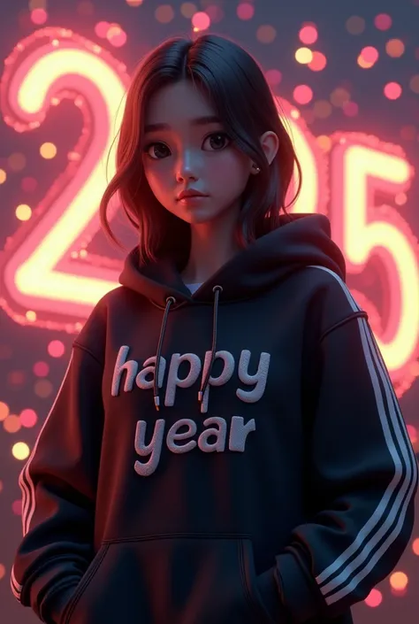 

 A teenage girl in casual style wearing a black hoodie with the inscription in English " Happy New Year 2025 "  3D embossed letters on the front with white accents on the hood and wrist . her hair is loose,  and its expression is neutral or slightly seri...