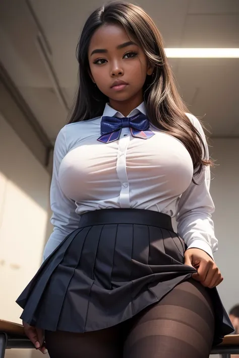 From below, arms behind back, Masterpiece, high quality, high resolution, volumetric lighting, subsurface scattering, 8k, Beautiful woman, large breasts, leaning forward, (zoom in), dark skin, phillipino, college student, uniform, (long-sleeve), (large bre...