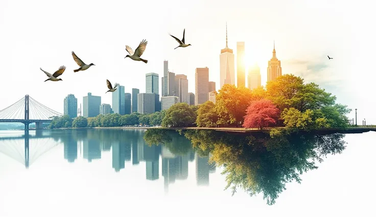 Double exposure photography of a city and the spectacular colorful nature with birds, clean sharp focus, on a white background, double exposure photograph