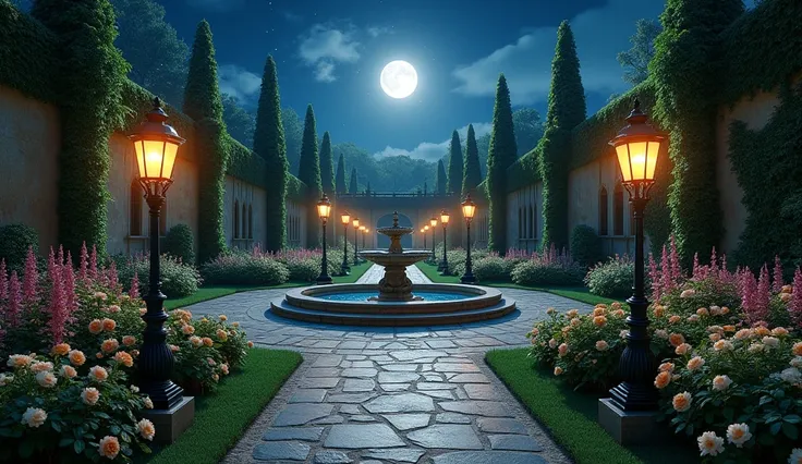 A tranquil palace garden bathed in soft moonlight under a clear, starry night sky. The lush greenery of the garden is adorned with blooming flowers in various colors, gently swaying in a mild breeze. A stone pathway meanders through the garden, leading to ...