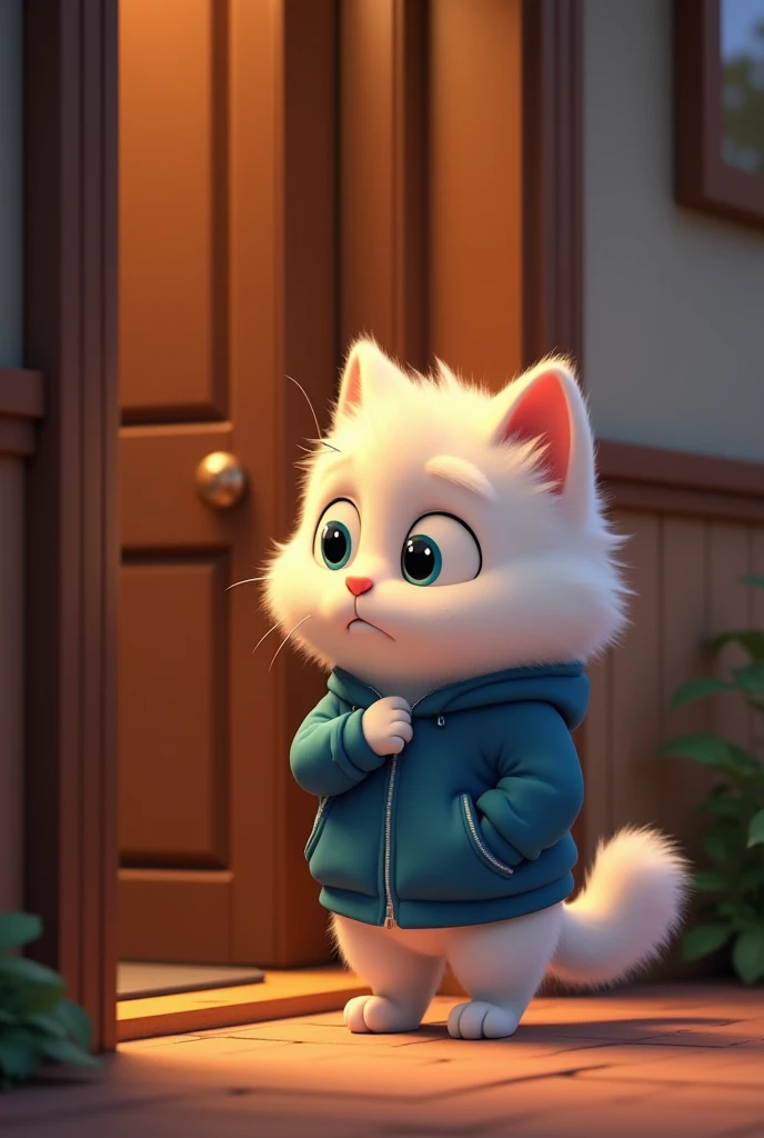 Pixar-style cartoon scene showing Ben, the cute fluffy white cat in a blue jacket, standing outside the door of a cozy house. He looks distressed, holding his head as he realizes he forgot the key inside