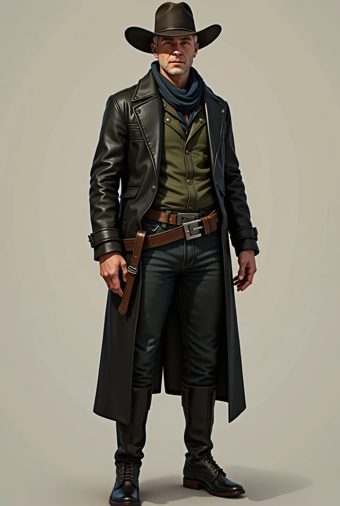   Create a cowboy character , ( white-skinned man ,  blond hair ,  blue eyes,  bushy eyebrows, shaved,  dark brown hat , scarf tied around the neck ,  olive green denim shirt with buttons ,  black leather straps , black leather jacket,  black jeans and bla...