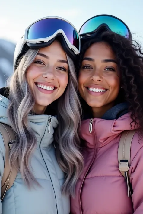 Two beautiful young women in the photograph. The first one is a white caucasian american young woman with long wavy silver grey lilac tint ombre hair. She is wearing snowboarding gear and standing next to the second beautiful you g woman in the image, she ...