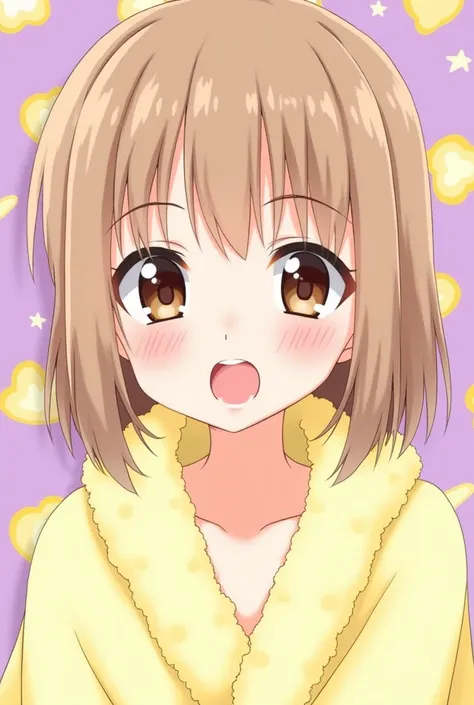 The image shows a portrait of an anime girl with bright makeup.  She has deep red lips and expressive eye makeup with black arrows.  Light brown hair , straight, with small bangs .  She is wearing a fluffy yellow robe or towel .  The background is made in ...