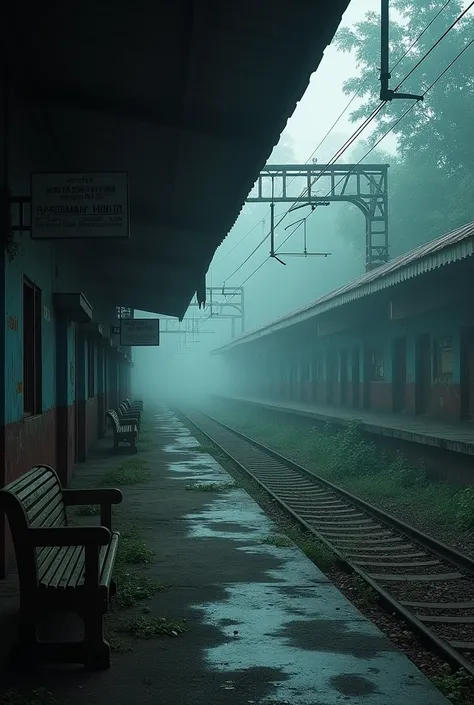 Pic of an old indian railway station which is old and empty with an horror touch to it