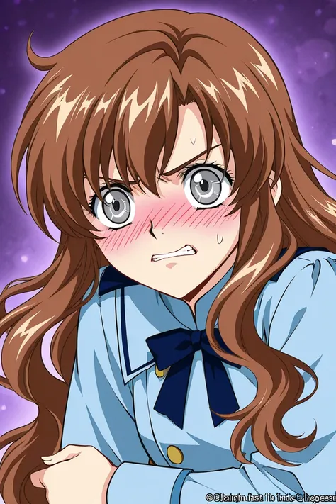 A girl that is an student. She has long wavy Brown hair with shiny gray eyes with blue dress uniform. She is Angry, but blushing nervous. Kind. Clamp Tsubasa chronicles art style. 