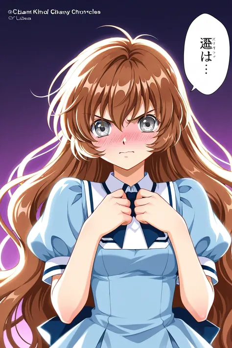 A girl that is an student. She has long wavy Brown hair with shiny gray eyes with blue dress uniform. She is Angry, but blushing nervous. Kind. Clamp Tsubasa chronicles art style. 