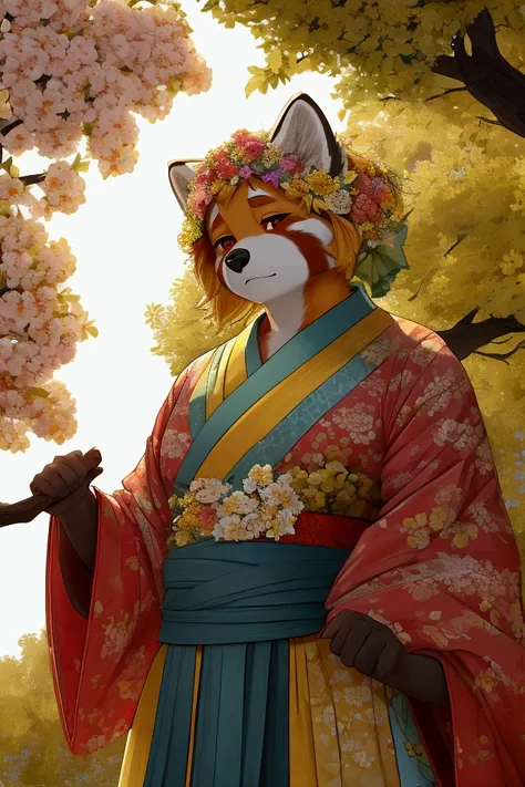 score_9, score_8_up, score_8_up,raw, ((sfw)), 4k, 20yo ,, volumetric lighting, , glowing, 1male, chubby, ,, (wearing white colored kimono with red blood splatters on it), , , tired gaze, , (half of head covered in yellow camellia flowers), slightly bloody ...