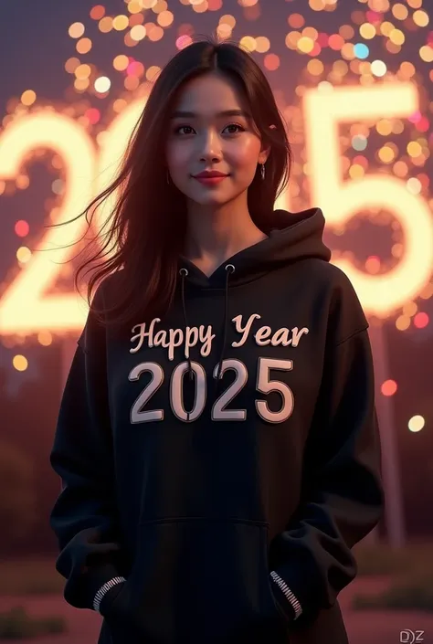 

 A woman in a casual style wearing a black hoodie inscribed in Indonesian " Happy New Year 2025 "  3D embossed letters on the front with white accents on the hood and wrist . her hair is loose,put on jeans and her expression smiling thinly neutral or sli...