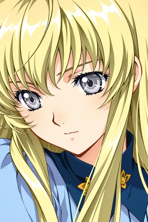 A girl that is an student. She has long straight Blond hair with shiny grey eyes with blue dress uniform. She is brave and smiling. Kind. Close up. Clamp Tsubasa chronicles art style. 