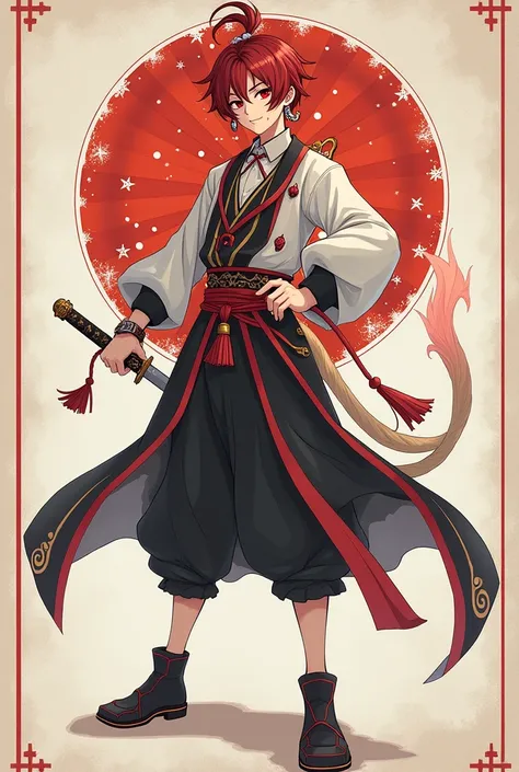 Create an image of a  male manhua  ,  who is a short dark-haired yin yang and wears a watch earring holding a talisman , male manhua hula short white hair tie long tail wearing earrings with right ear fan holding right ear left umbrella, male manhua demon ...