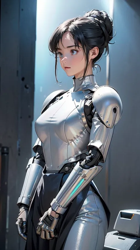  in high-definition images，Strange resolution ,  high res, (masterpiece: 1.4),  super detailed ,  A humanoid android with a realistic human-like head featuring soft facial features, glowing black eyes, (((and half updo long gray hair.))),  (((From the neck...