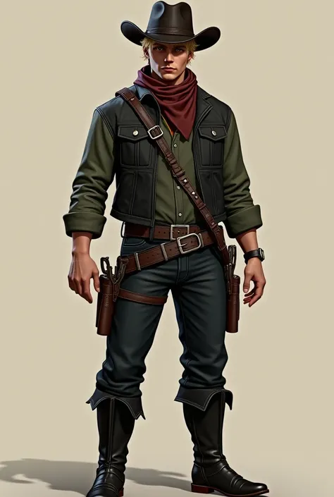   Create a cowboy character , ( white-skinned man , young,  blond hair ,  blue eyes,  bushy eyebrows, shaved,  dark brown hat , scarf tied around the neck ,  olive green denim shirt with buttons ,  black leather straps , black leather jacket,  black jeans ...