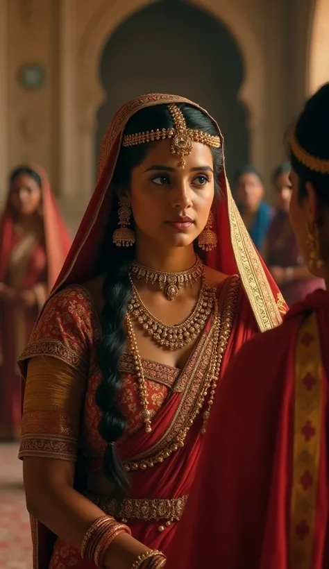 ne 5: Queen Padmavatis Decision
Prompt: "Inside the royal palace of Mewar, Queen Padmavati, wearing regal attire, addresses a group of loyal Rajput women. Her expression is one of sorrow yet determination as she announces her decision to perform Jauhar to ...