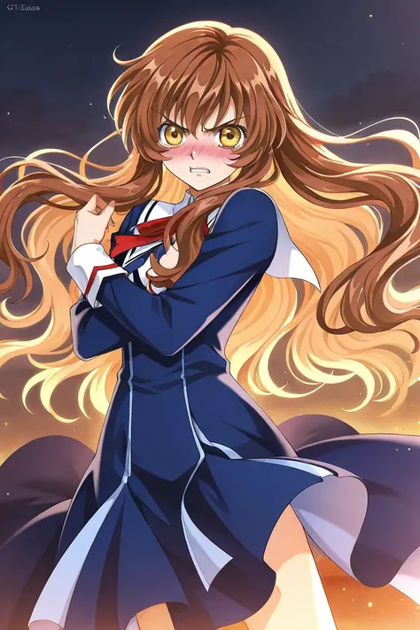 A girl that is an student. She has long wavy Brown hair with shiny golden eyes with blue dress uniform. She is Angry, but blushing nervous. Kind. Clamp Tsubasa chronicles art style. 