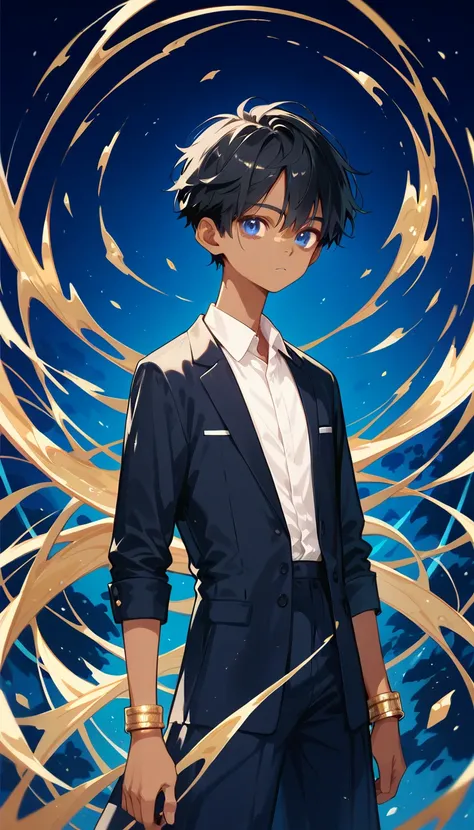 score_9, score_8_ up, score_7_ up,((8k)),Small boy,black hair,dark blue eyes,Nagi-kun, melancholic expression ,gold bangle inlaid with blue moonstone,Minimal, dress shirt,((Alone))