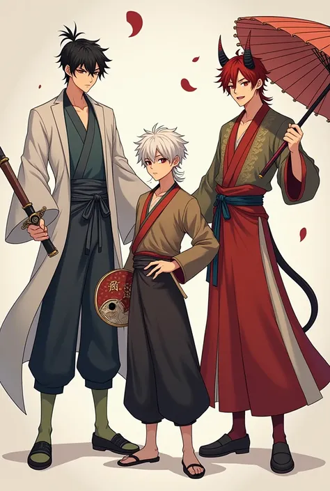 Styling the same 3 people in the photo Create a  manhua male image ,  who is a short dark-haired yin yang and wears a watch earring holding a talisman , male manhua hula short white hair tie long tail wearing earrings with right ear fan holding right ear l...