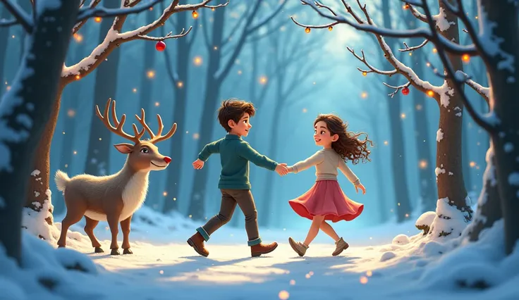 ren holding hands and spinning in a snowy forest with glittering lights hanging from trees. A reindeer stands nearby, decorated with a red nose and ornaments.
