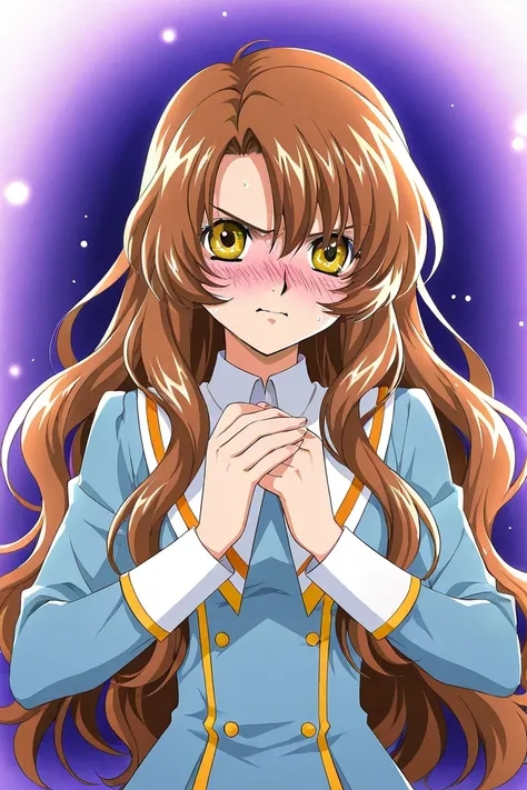 A girl that is an student. She has long wavy Brown hair with shiny golden eyes with blue dress uniform. She is Angry, but blushing nervous. Kind. Compilation. Clamp Tsubasa chronicles art style. 