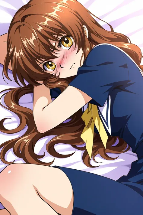 A girl that is an student. She has long wavy Brown hair with shiny golden eyes with blue dress uniform. She is Angry, but blushing nervous. Kind. Compilation. Clamp Tsubasa chronicles art style. 